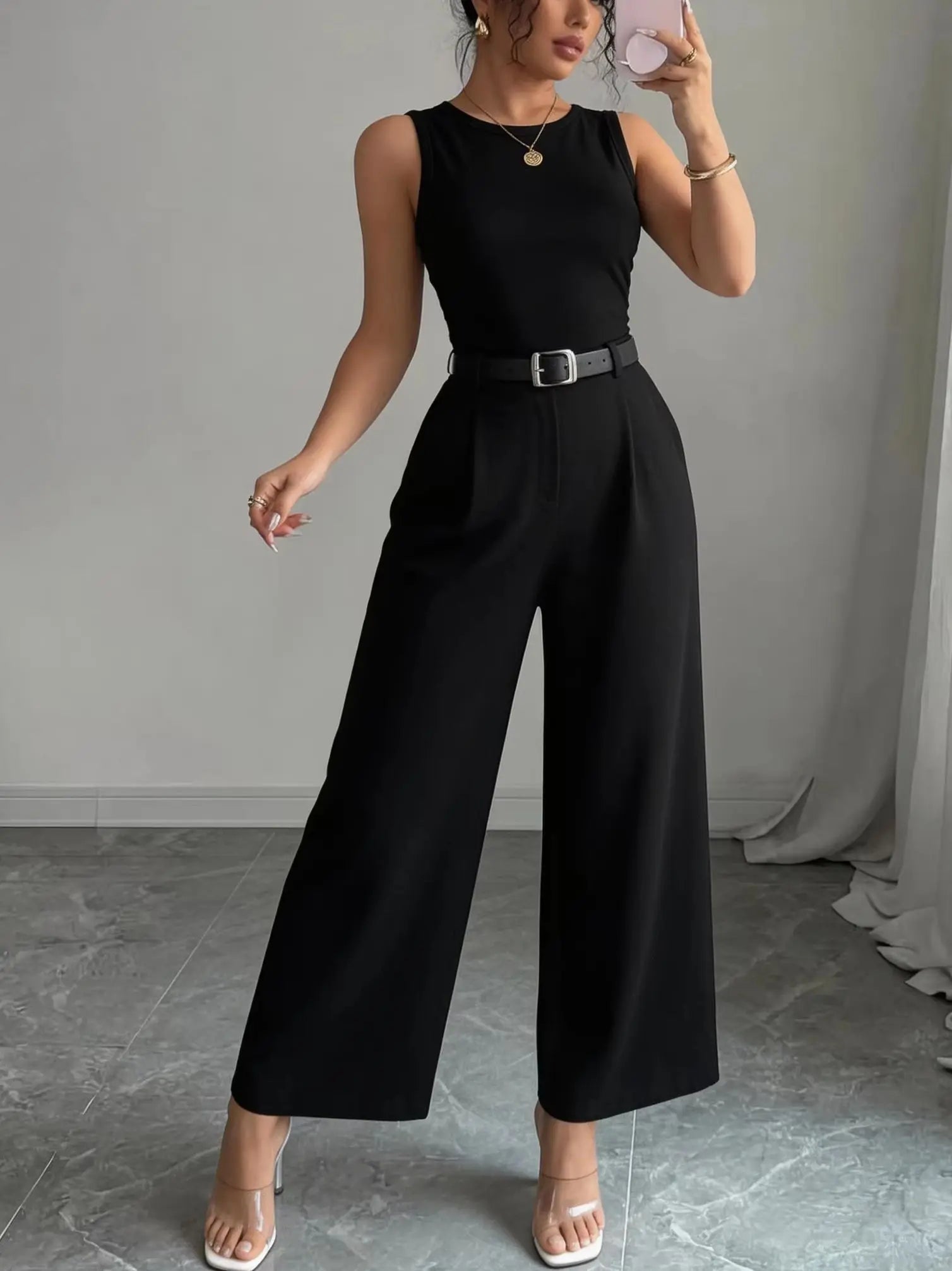 Black one shoulder cinched waist wide leg jumpsuit,Black single shoulder belted wide leg bodysuit